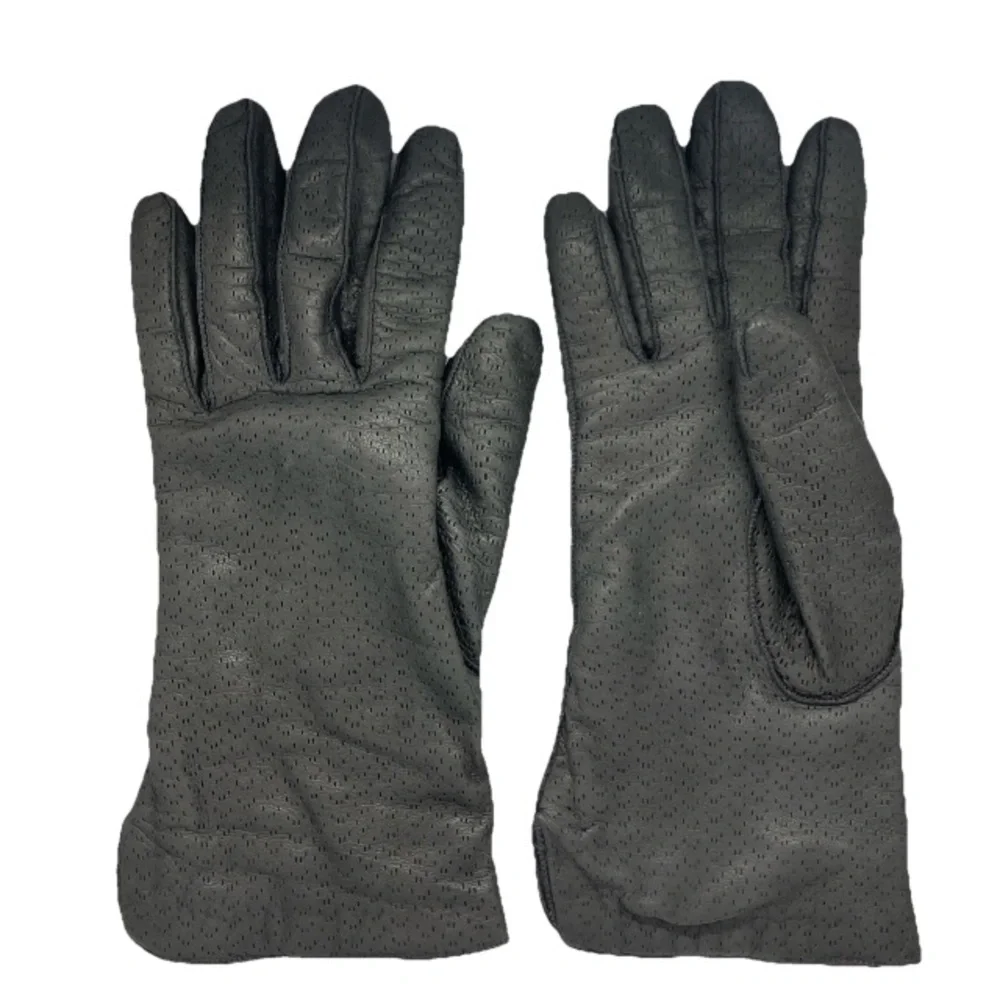 Vintage Grey Perforated Genuine Leather Gloves Cashmere Lined Women’s Winter Sm.